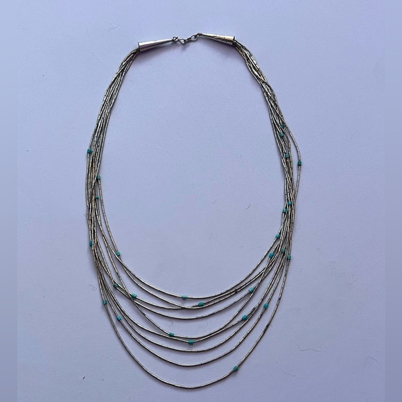 Vintage Navajo Liquid Silver Turquoise Heishi Sterling Silver Graduated Necklace - Picture 8 of 11
